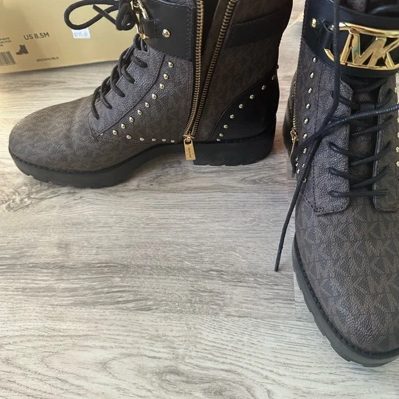 Michael Kors Kincaid Logo Studded Brown and Black Lace Up Boots - Picture 2 of 8